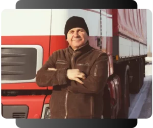 man standing in front of a red and white truck